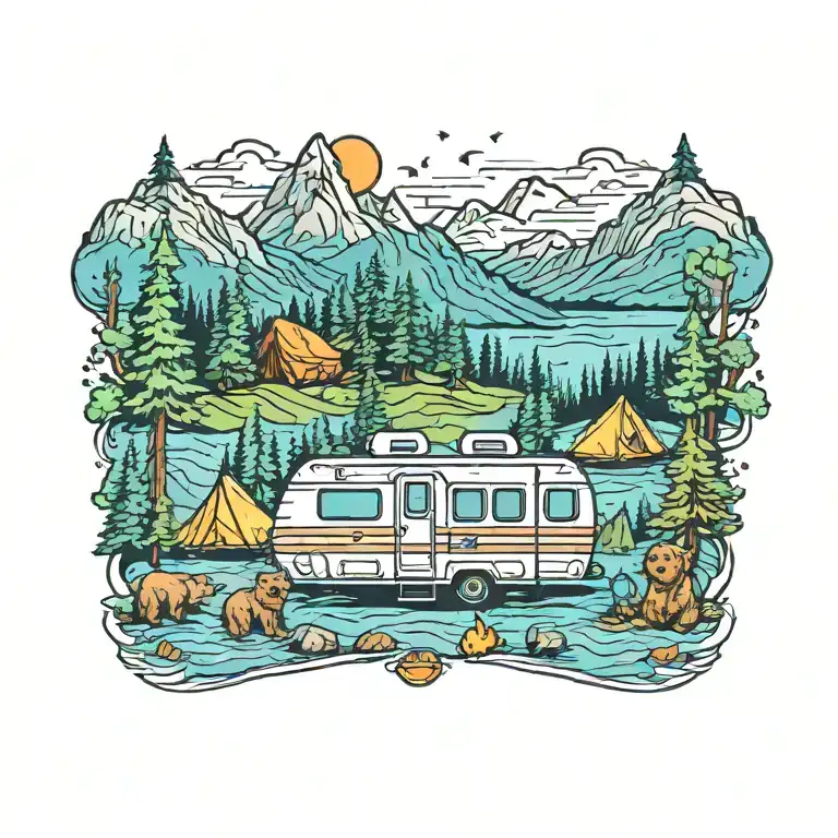 Colorful, Camping, Water, Bonfire, Trees, Small Camper, Mountains, Compass, 4 bears  tattoo design idea