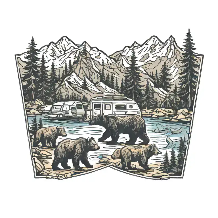Colorful, Camping, Water, Bonfire, Trees, Small Camper, Mountains, Compass, 4 bears  tattoo design idea