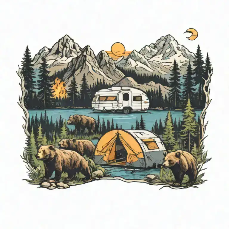 Colorful, Camping, Water, Bonfire, Trees, Small Camper, Mountains, Compass, 4 bears  tattoo design idea