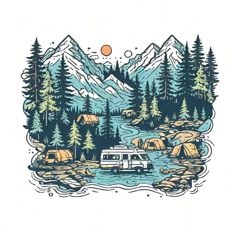 Colorful, Camping, Water, Bonfire, Trees, Small Camper, Mountains, Compass, 4 bears  tattoo design idea