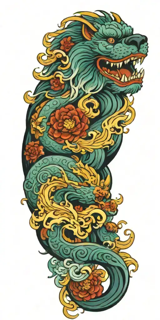 colorful, foo dog, waves crashing in the background tattoo design idea