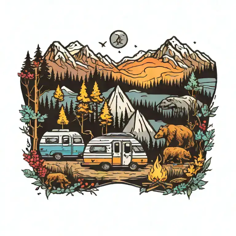 Colorful, Camping, Water, Bonfire, Trees, Small Camper, Mountains, Compass, 4 bears  tattoo design idea