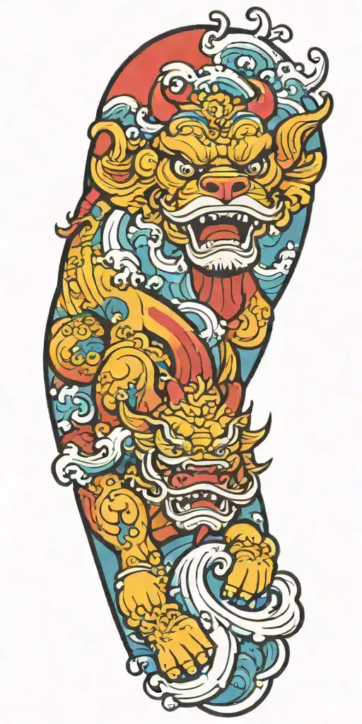 Japanese, Colorful, tattoo, Fu Dog, wrapped around the arm, Waves Crashing In The Background tattoo design idea