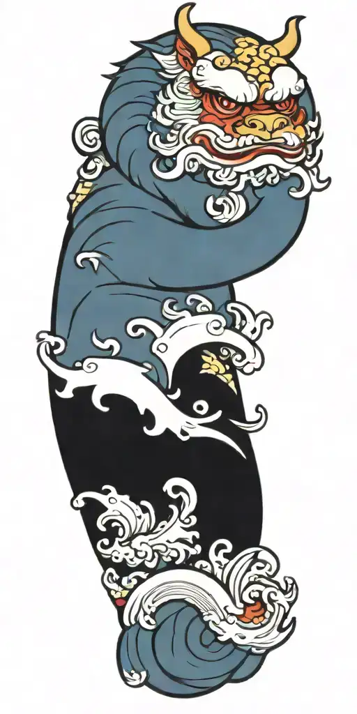 colorfull, foo dog, waves tattoo design idea