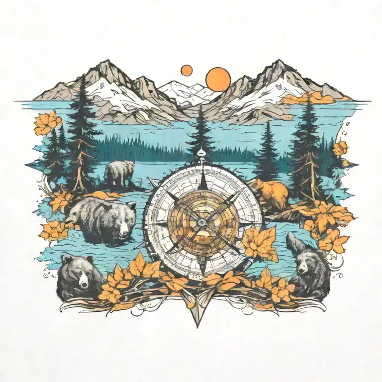add four bears and a compass in the middle   tattoo design idea