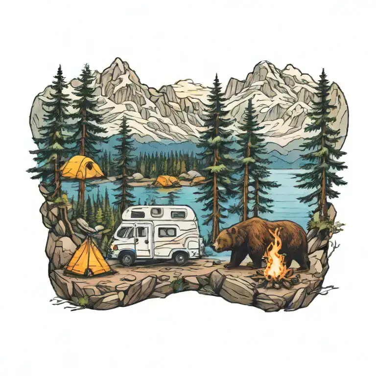 Colorful, Camping, Water, Bonfire, Trees, Small Camper, Mountains, Compass, 4 bears tattoo design idea