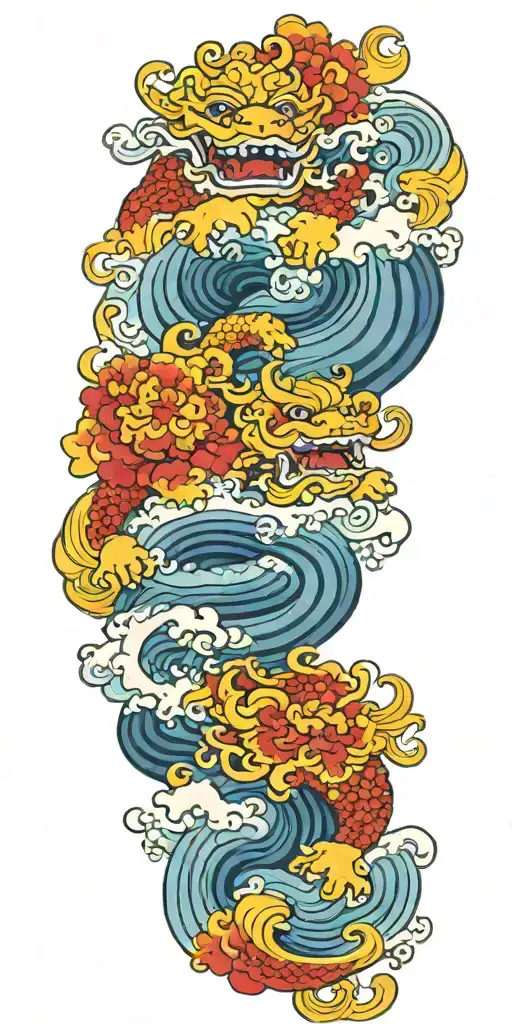colorfull, foo dog, waves crashing in the background tattoo design idea