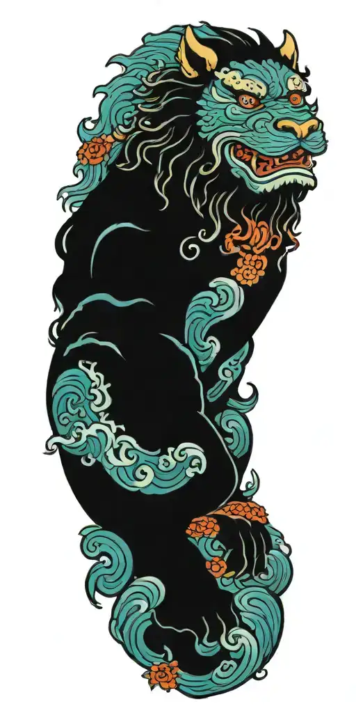 colorfull, foo dog, waves tattoo design idea