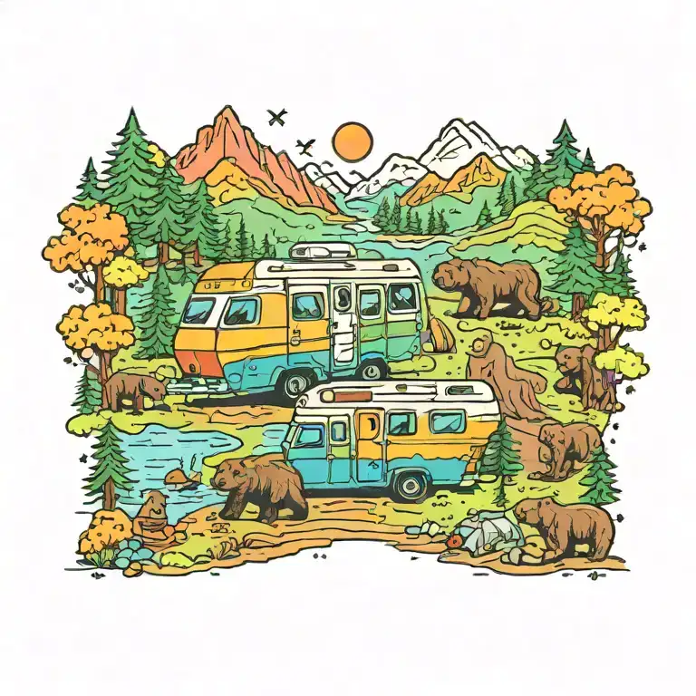 Colorful, Camping, Water, Bonfire, Trees, Small Camper, Mountains, Compass, 4 bears  tattoo design idea