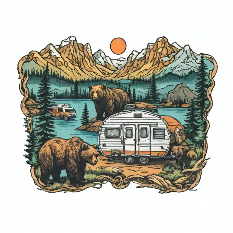 Colorful, Camping, Water, Bonfire, Trees, Small Camper, Mountains, Compass, 4 bears  tattoo design idea