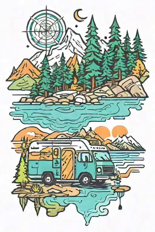 colorful l, camping, water, bonfire, trees, small camper, mountains, compass tattoo design idea