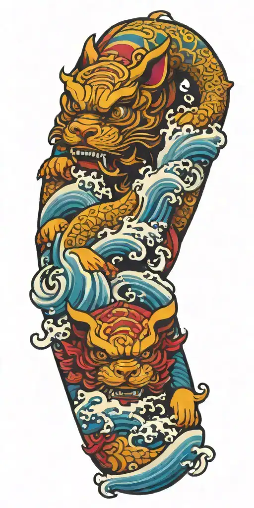 Japanese, Colorful, tattoo, Fu Dog, wrapped around the arm, Waves Crashing In The Background tattoo design idea