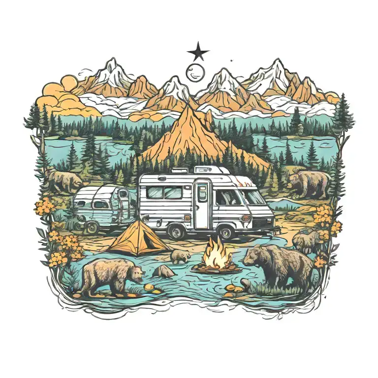 Colorful, Camping, Water, Bonfire, Trees, Small Camper, Mountains, Compass, 4 bears  tattoo design idea