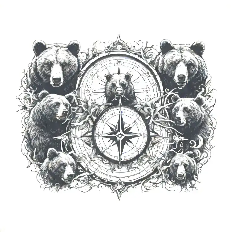 add four bears and a compass in the middle   tattoo design idea
