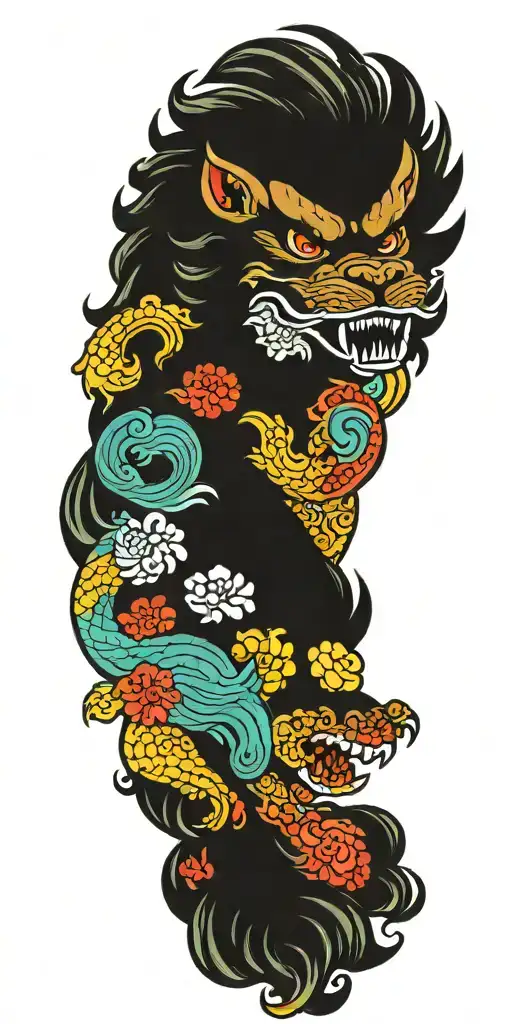 colorfull, foo dog, waves tattoo design idea
