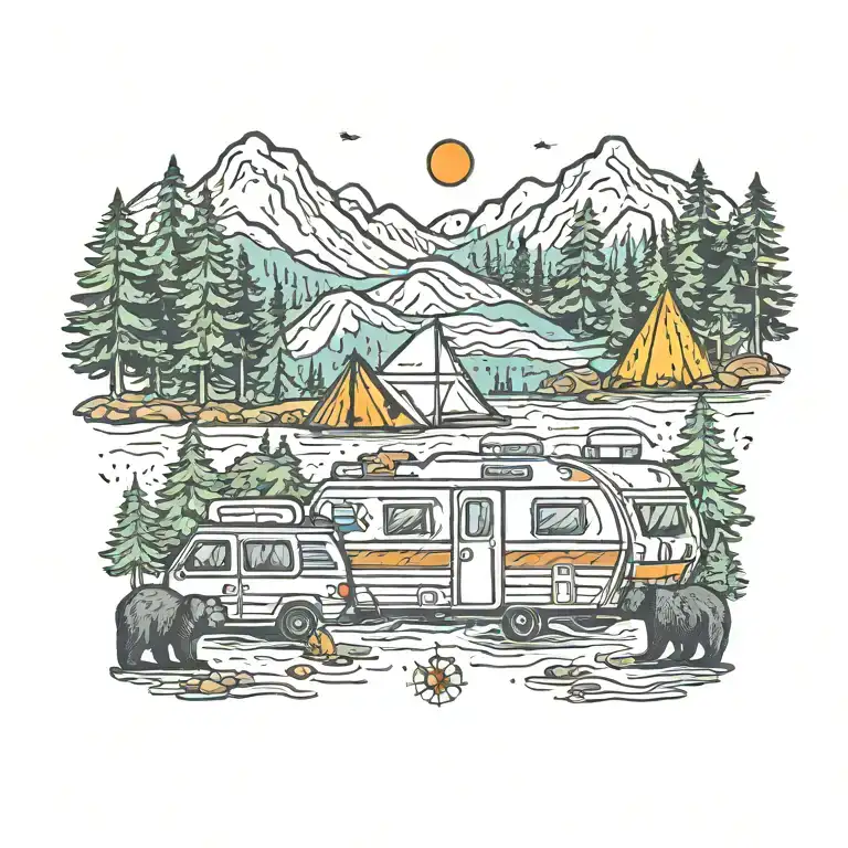 Colorful, Camping, Water, Bonfire, Trees, Small Camper, Mountains, Compass, 4 bears  tattoo design idea