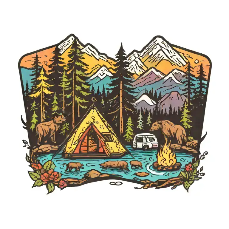 Colorful, Camping, Water, Bonfire, Trees, Small Camper, Mountains, Compass, 4 bears tattoo design idea