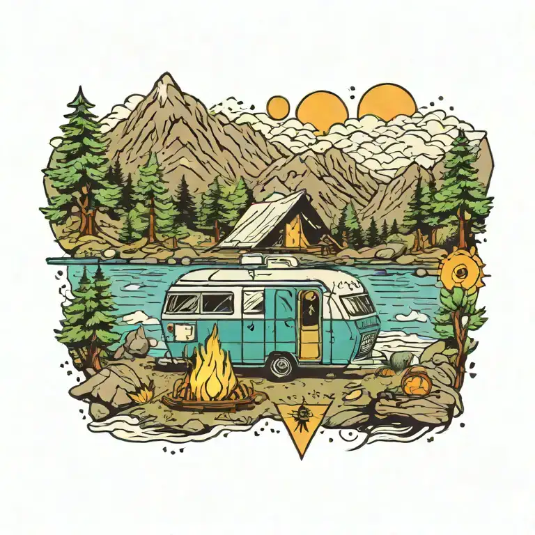 [Yesterday 7:44 PM] Christopher Gonzalez Colorful, Camping, Water, Bonfire, Trees, Small Camper, Mountains, Compass, 4 b tattoo design idea