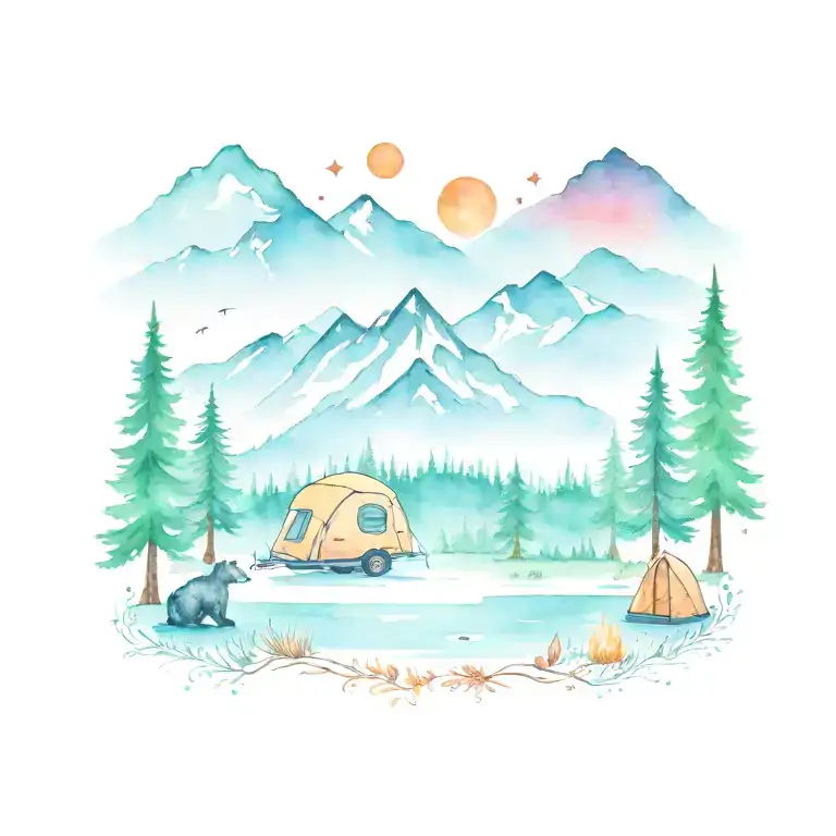 Colorful, Camping, Water, Bonfire, Trees, Small Camper, Mountains, Compass, 4 bears  tattoo design idea