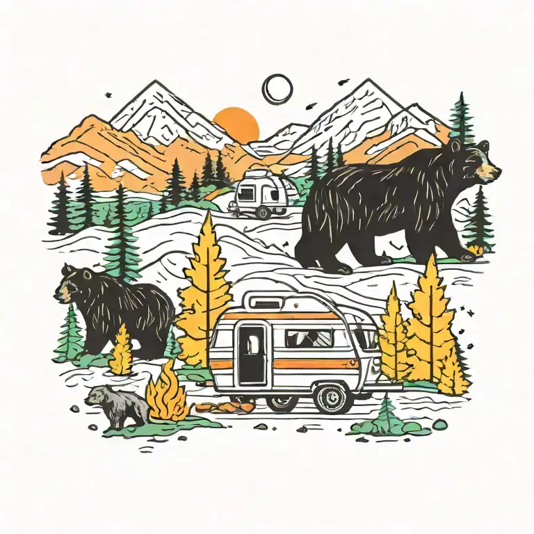 Colorful, Camping, Water, Bonfire, Trees, Small Camper, Mountains, Compass, 4 bears  tattoo design idea