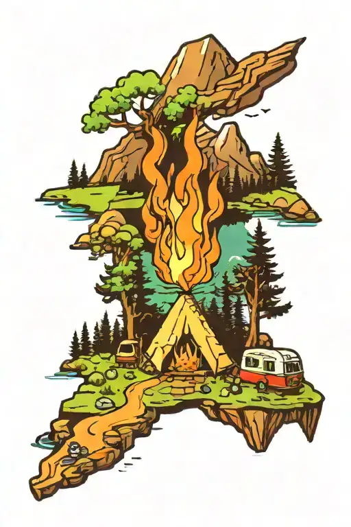 colorful, camping, river, bonfire, trees, small camper, mountains, big compass tattoo design idea