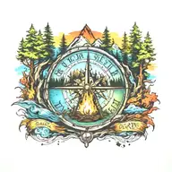 create a Colorful 13x17 tattoo, with a compass in the middle, connecting camping background, river, Bonfire, Trees, Smal tattoo design idea