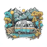 [Yesterday 7:44 PM] Christopher Gonzalez Colorful, Camping, Water, Bonfire, Trees, Small Camper, Mountains, Compass, 4 b tattoo design idea