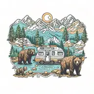 Colorful, Camping, Water, Bonfire, Trees, Small Camper, Mountains, Compass, 4 bears  tattoo design idea