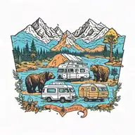 Colorful, Camping, Water, Bonfire, Trees, Small Camper, Mountains, Compass, 4 bears  tattoo design idea