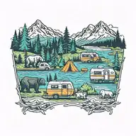 Colorful, Camping, Water, Bonfire, Trees, Small Camper, Mountains, Compass, 4 bears  tattoo design idea