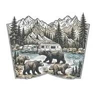 Colorful, Camping, Water, Bonfire, Trees, Small Camper, Mountains, Compass, 4 bears  tattoo design idea