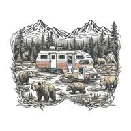 Colorful, Camping, Water, Bonfire, Trees, Small Camper, Mountains, Compass, 4 bears  tattoo design idea