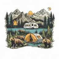 Colorful, Camping, Water, Bonfire, Trees, Small Camper, Mountains, Compass, 4 bears  tattoo design idea