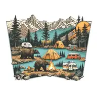 Colorful, Camping, Water, Bonfire, Trees, Small Camper, Mountains, Compass, 4 bears  tattoo design idea