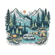 Colorful, Camping, Water, Bonfire, Trees, Small Camper, Mountains, Compass, 4 bears  tattoo design idea