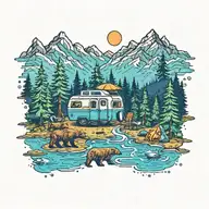 Colorful, Camping, Water, Bonfire, Trees, Small Camper, Mountains, Compass, 4 bears  tattoo design idea