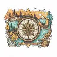 create a Colorful 13x17 tattoo, with a compass in the middle, connecting camping background, river, Bonfire, Trees, Smal tattoo design idea