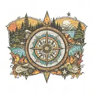 create a Colorful 13x17 tattoo, with a compass in the middle, connecting camping background, river, Bonfire, Trees, Smal tattoo design idea