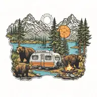 Colorful, Camping, Water, Bonfire, Trees, Small Camper, Mountains, Compass, 4 bears tattoo design idea