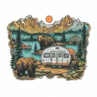Colorful, Camping, Water, Bonfire, Trees, Small Camper, Mountains, Compass, 4 bears  tattoo design idea