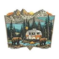 Colorful, Camping, Water, Bonfire, Trees, Small Camper, Mountains, Compass, 4 bears  tattoo design idea