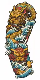 Japanese, Colorful, tattoo, Fu Dog, wrapped around the arm, Waves Crashing In The Background tattoo design idea