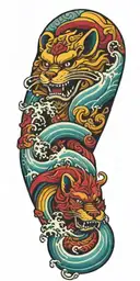 Japanese, Colorful, tattoo, Fu Dog, wrapped around the arm, Waves Crashing In The Background tattoo design idea