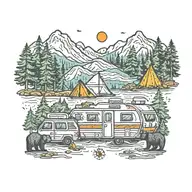 Colorful, Camping, Water, Bonfire, Trees, Small Camper, Mountains, Compass, 4 bears  tattoo design idea