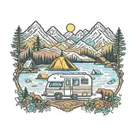 Colorful, Camping, Water, Bonfire, Trees, Small Camper, Mountains, Compass, 4 bears  tattoo design idea