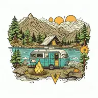 [Yesterday 7:44 PM] Christopher Gonzalez Colorful, Camping, Water, Bonfire, Trees, Small Camper, Mountains, Compass, 4 b tattoo design idea