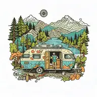 [Yesterday 7:44 PM] Christopher Gonzalez Colorful, Camping, Water, Bonfire, Trees, Small Camper, Mountains, Compass, 4 b tattoo design idea