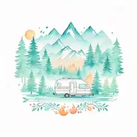 Colorful, Camping, Water, Bonfire, Trees, Small Camper, Mountains, Compass, 4 bears  tattoo design idea