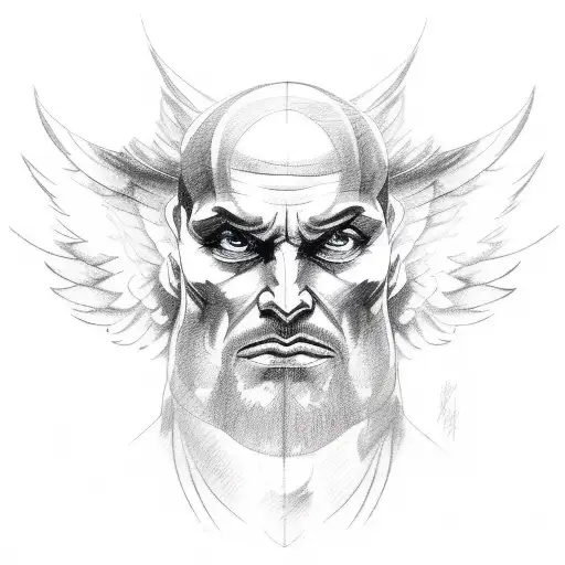 Sketch style tattoo of an angry angel man holding a sculpture of the sky tattoo design idea