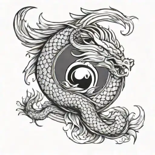 garuda, Asian dragon, koi fish ying yang symbol intertwined tattoo design idea